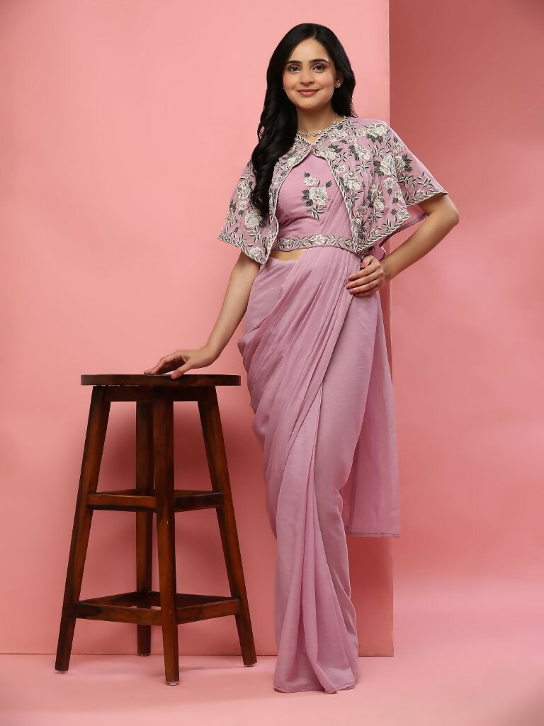 Pink Chiffon Solid Ready to wear Saree with stitched Blouse - Aayan