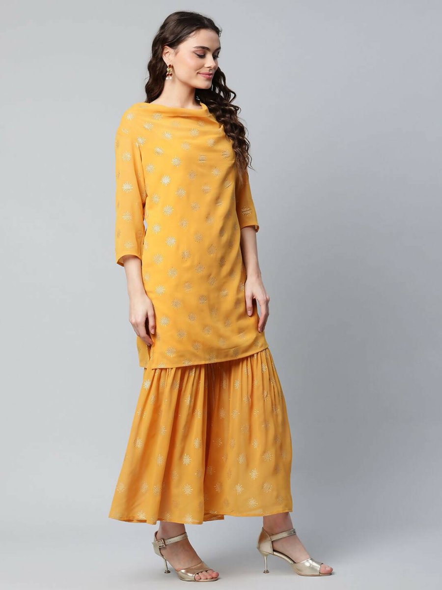 Ahalyaa Womens Mustard Georgette Gold Foil Printed Kurta Sharara Set With Dupatta