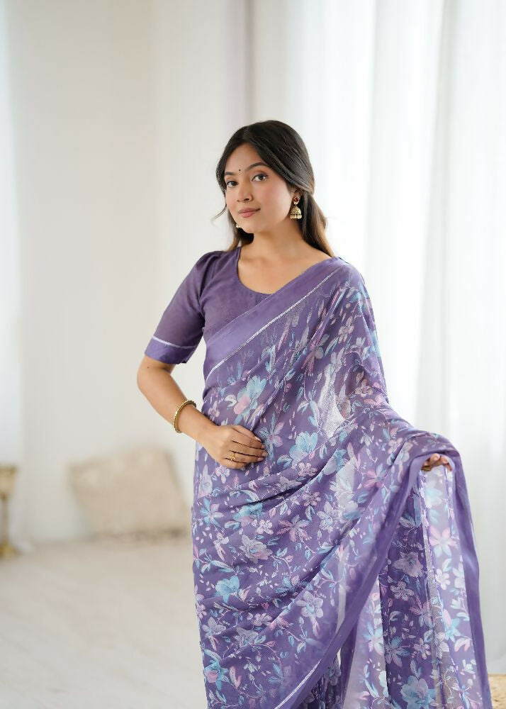 PR Fashion Lavender Bright Moss Satin Patta Printed Saree