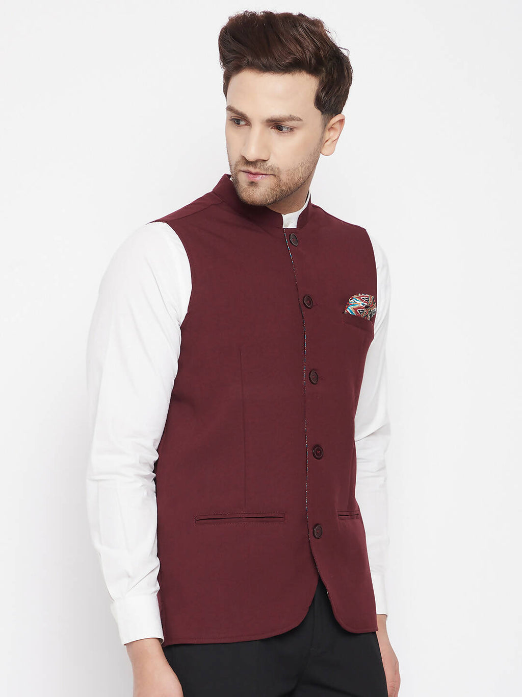 Even Apparels Maroon Merino Men's Nehru Jacket-Contrast Lining-Inbuilt Pocket Square