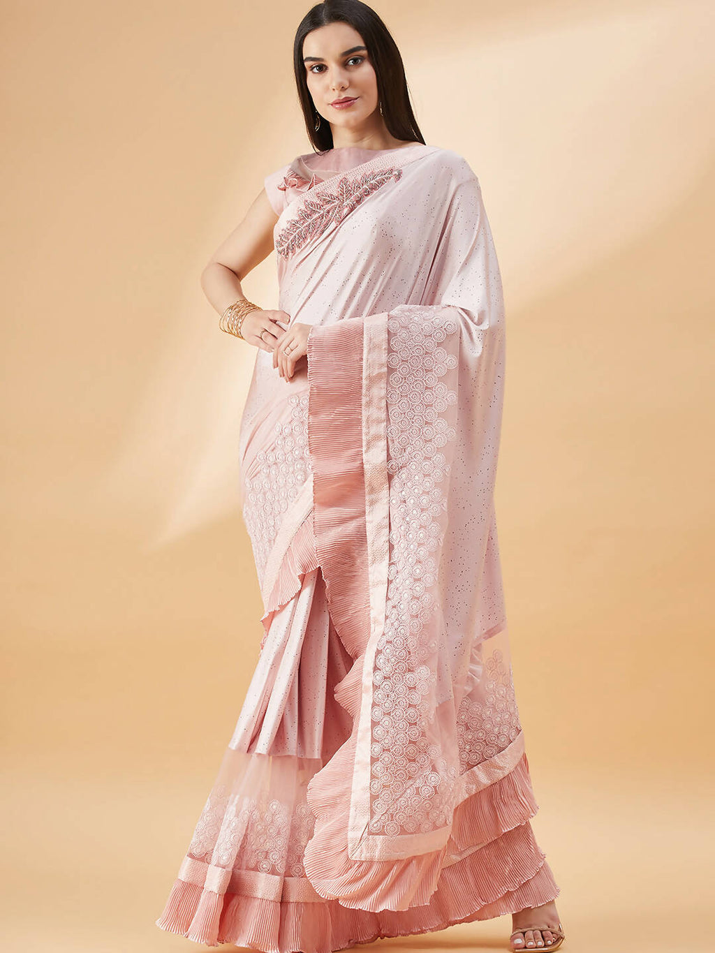 Pink Lycra Frill Details, Hand Embroidered Brooch Saree - Norita Hit Design