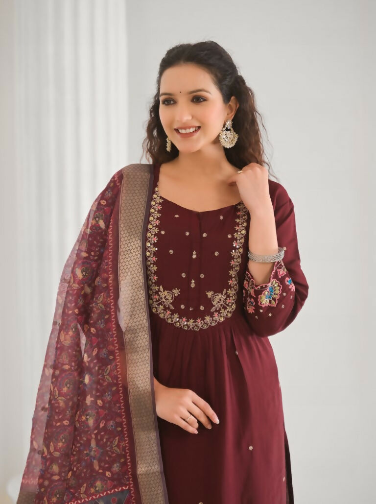 Festive Ethnic Viscose Chanderi Maroon Stitched Suit With Dupatta - Rashmika