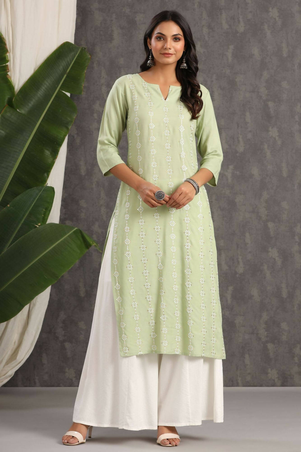 Juniper Women Lightolive Rayon Embroidered A-Line Dress