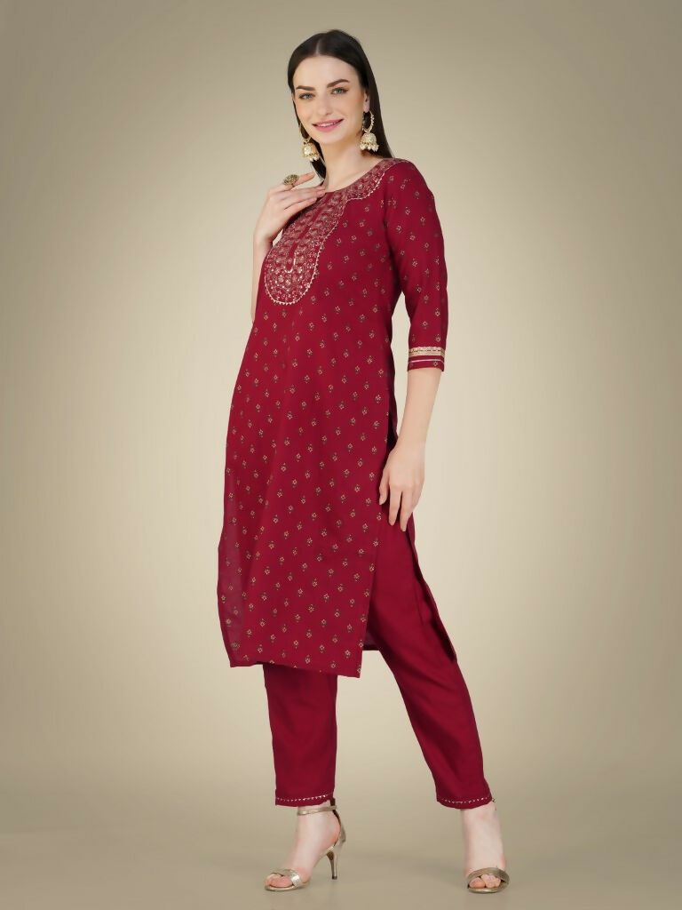 Jyoti Fashion Women's Maroon Cotton Magic Slub Embroidery & Sequence work Kurta with Trouser & Dupatta