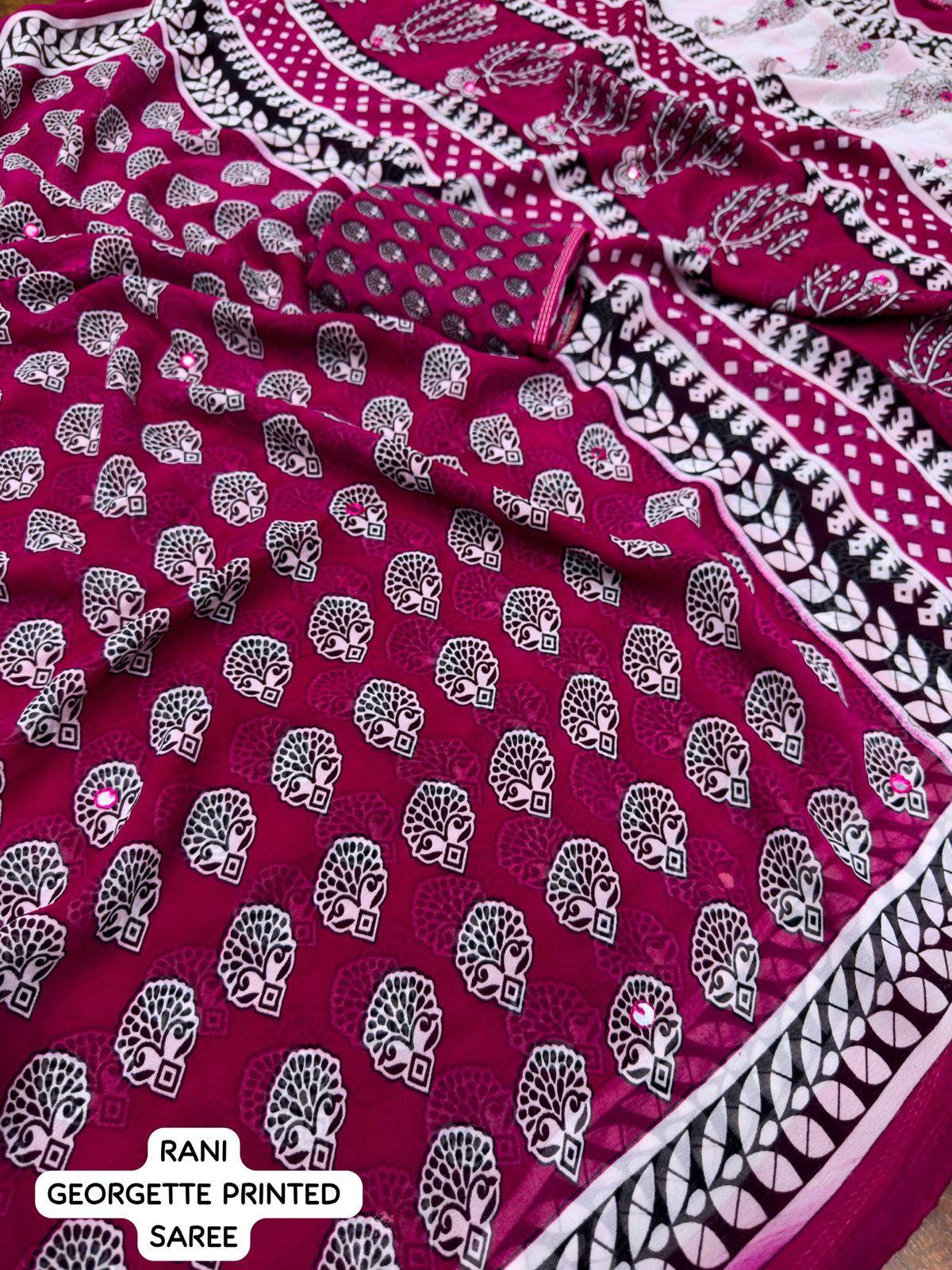 Rani Poly Georgette Ajrak Saree with Unstitched Blouse - Hiral Fashion