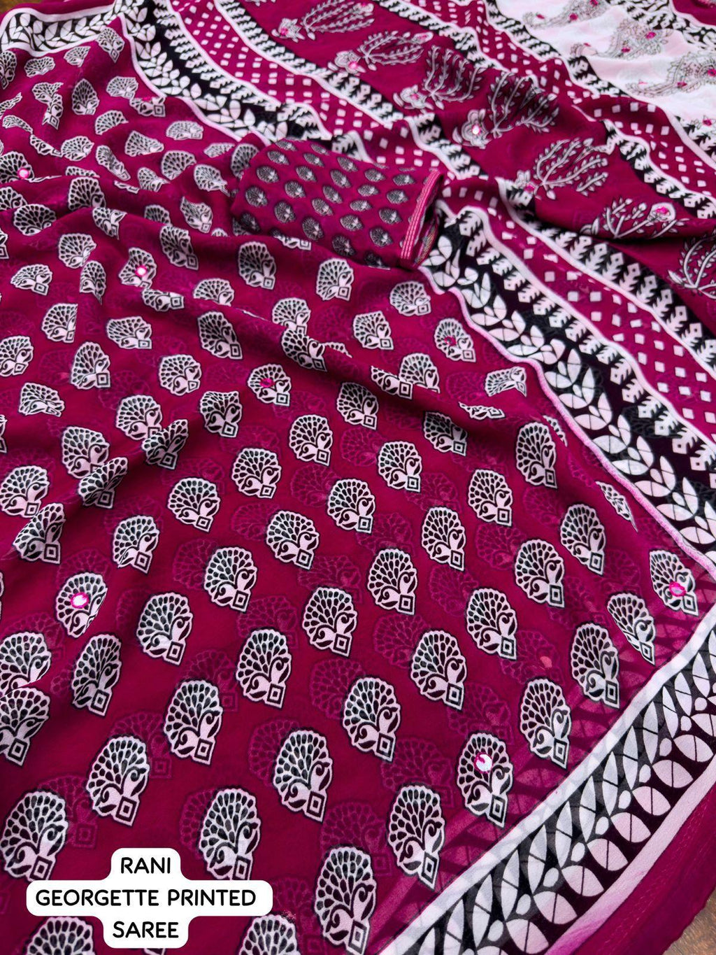 Rani Poly Georgette Ajrak Saree with Unstitched Blouse - A2M