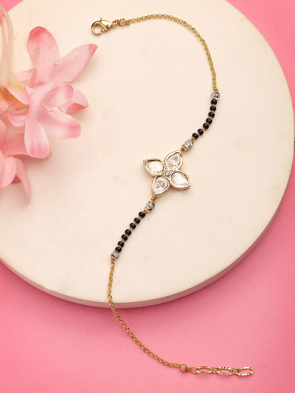 NVR Women Gold-Polished & Black Brass Stone-Studded Hand Mangalsutra Link Bracelet