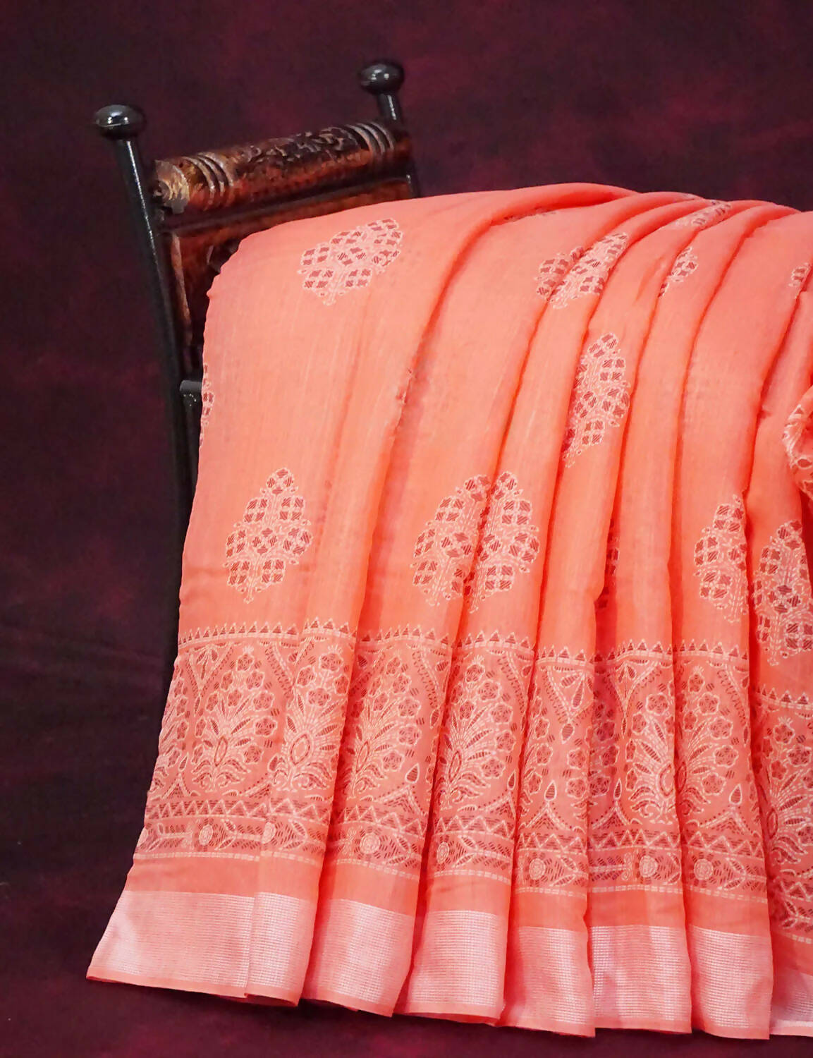 Peachish Orange Block Printed Semi Chanderi Saree By Gayathri Reddy Designer Studio