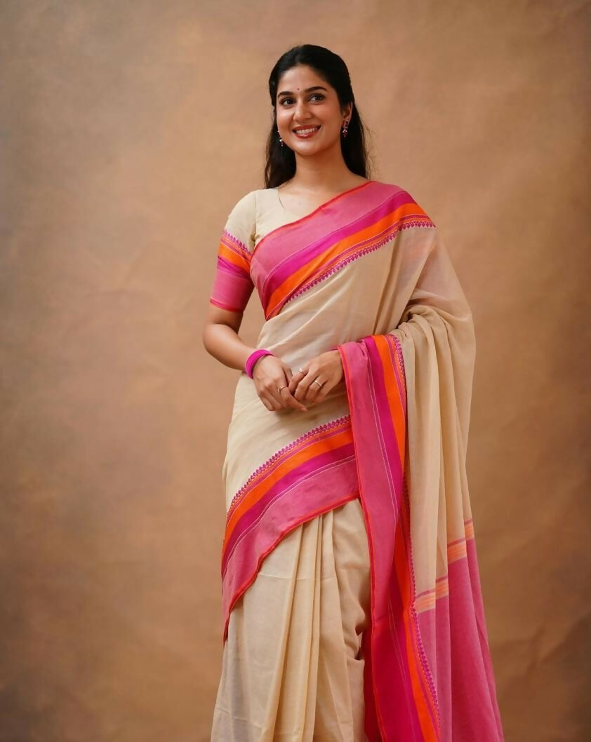 Exclusive Collection Beige Beautiful Khadi Cotton Handloom Saree