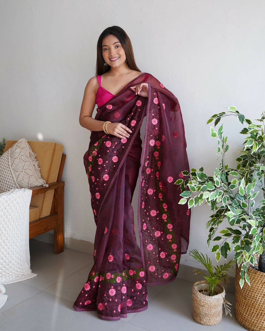 Vamsee Sarifaa Maroon Organza Saree