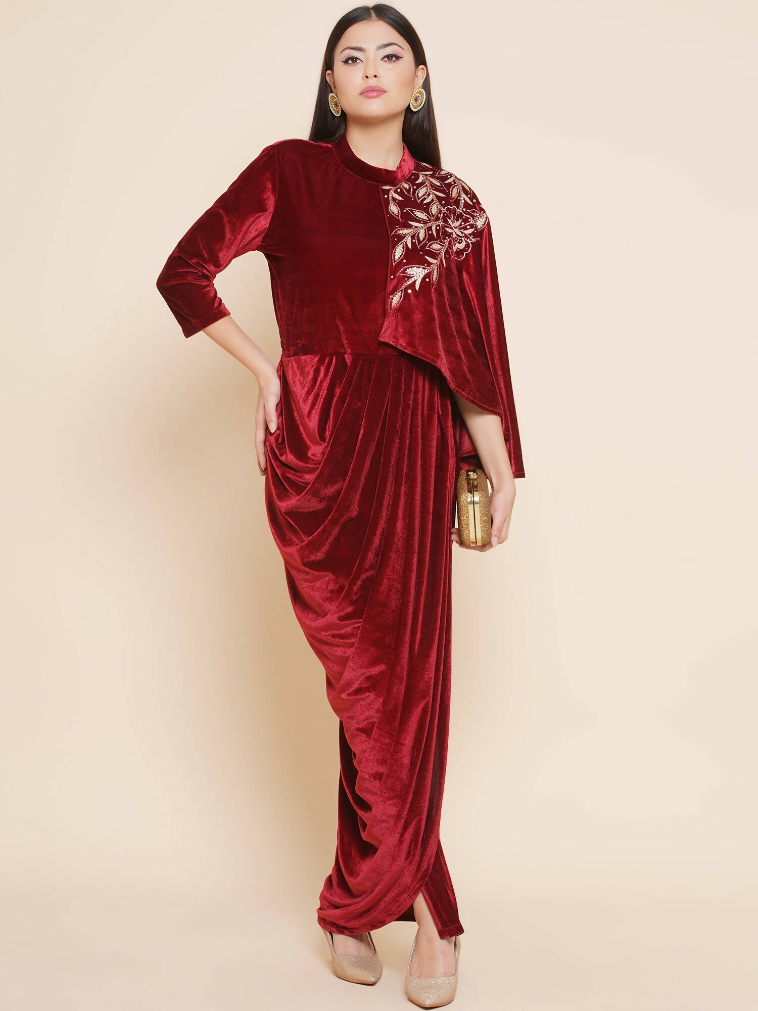 Women Republic Maroon Velvet Drape Styel Gown