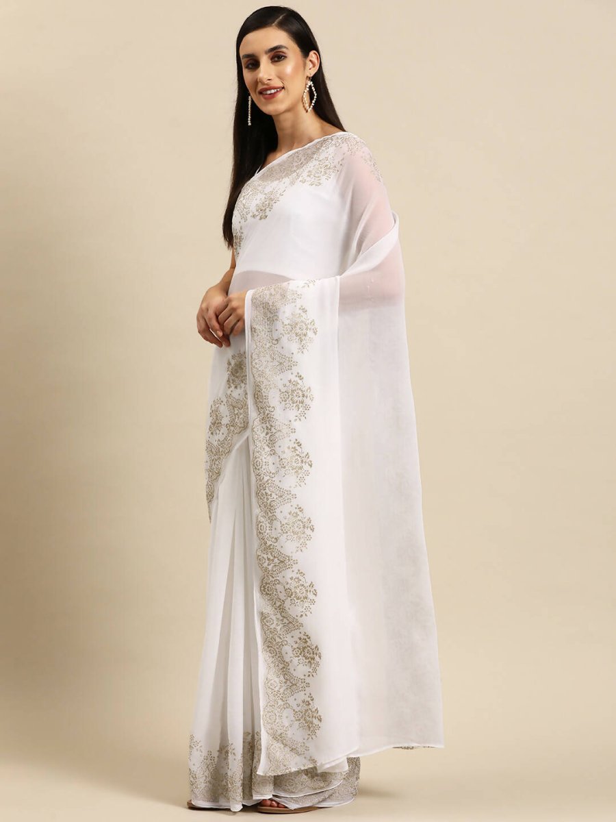 Ahalyaa Women's Traditional Semi Stitch Saree - White