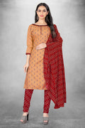 Beige Cotton Printed Unstitched Dress Material - Amara