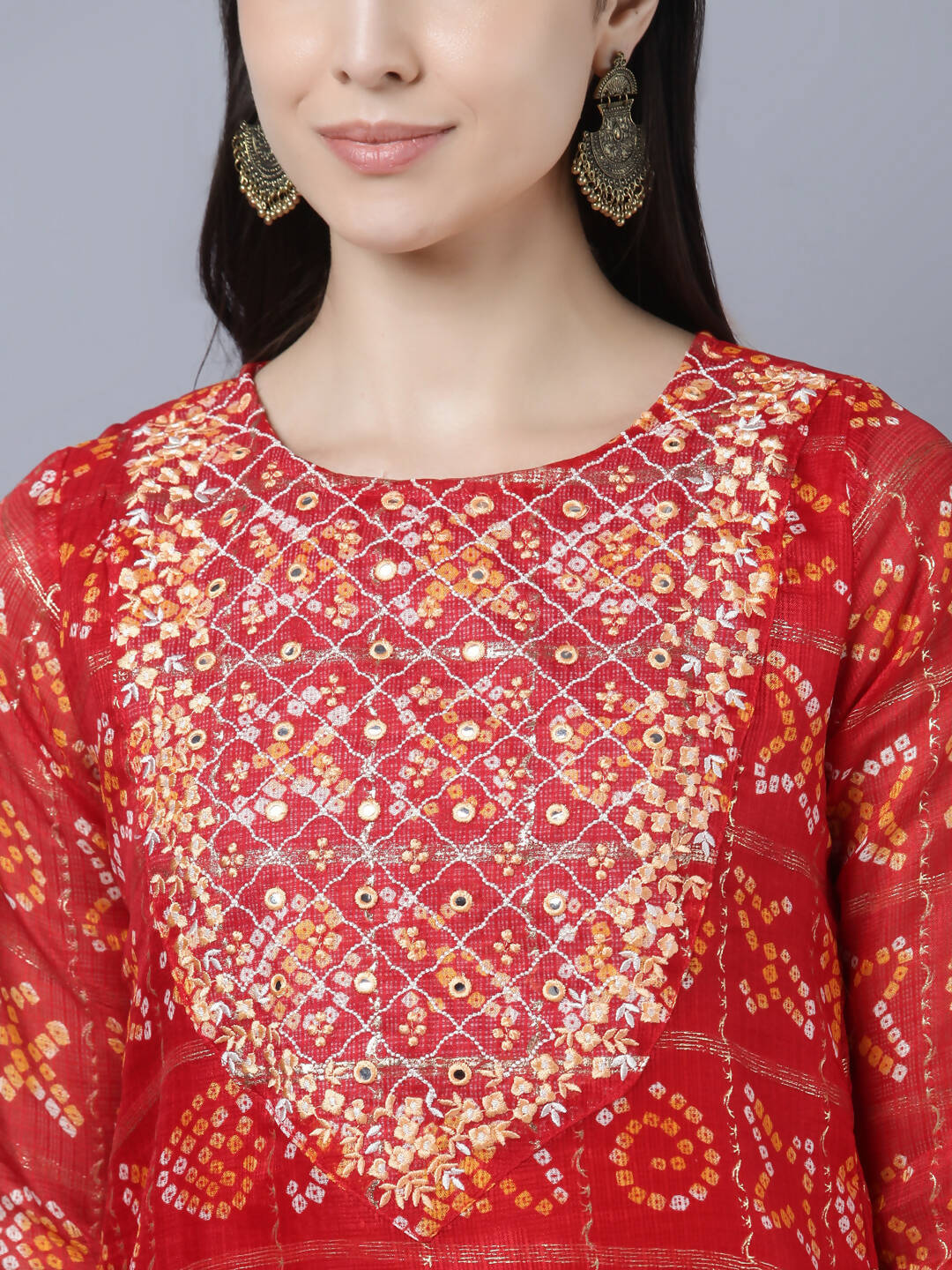 Myshka Women Red Yellow Bandhani Printed Mirror Work Kurta