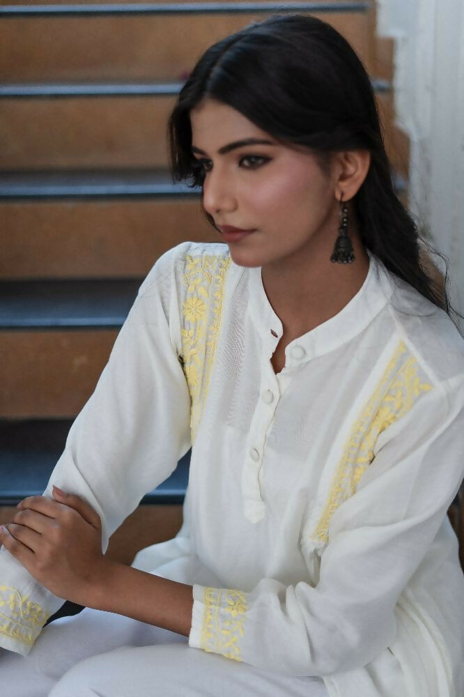 Zibaa Ivory & Yellow Muslin Short Chikankari Kurti