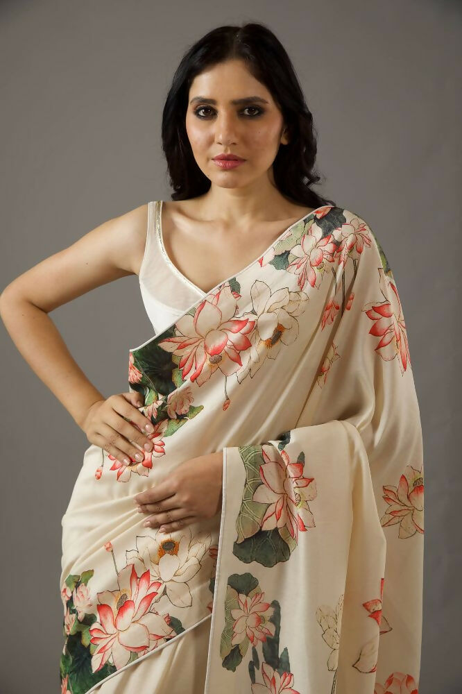 Cream Bright Moss Designer Digital Printed Party Wear Saree - Be Verly