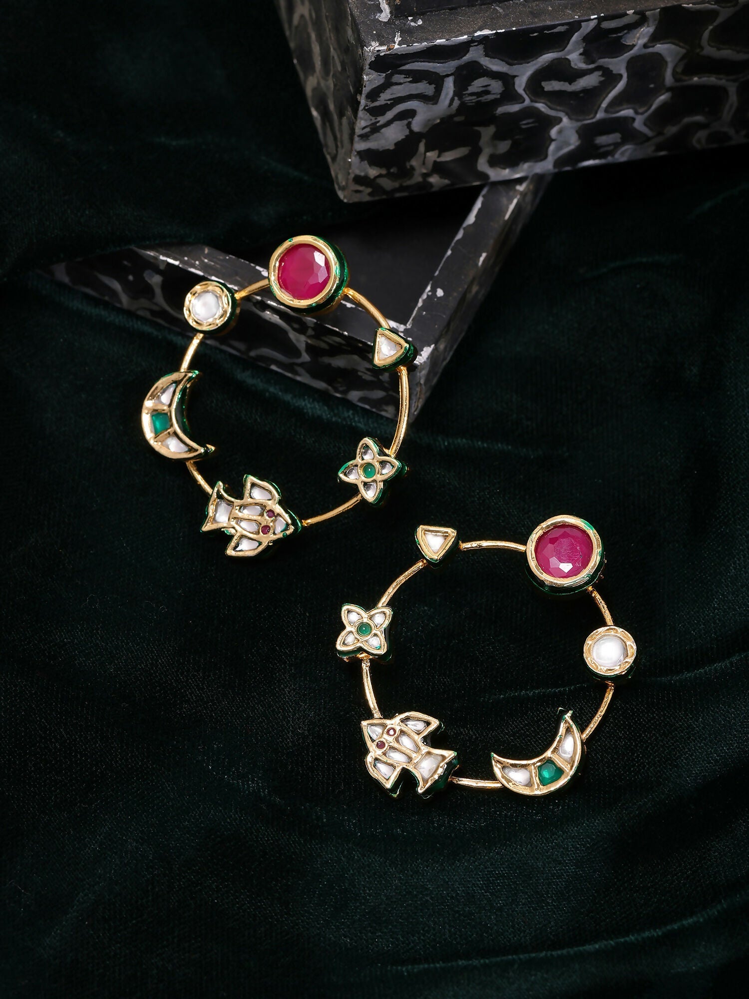 Ruby Raang Gold Polished Kundan Work Multi-Color Round Kundan Earrings
