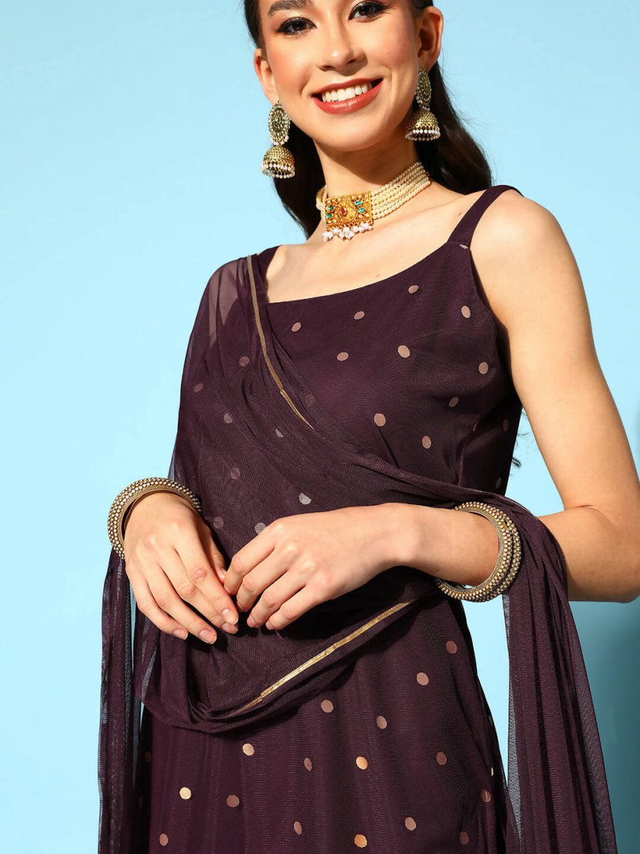 Ahalyaa Women Wine Colour Crepe Gold Printed Kurta Sharara Set
