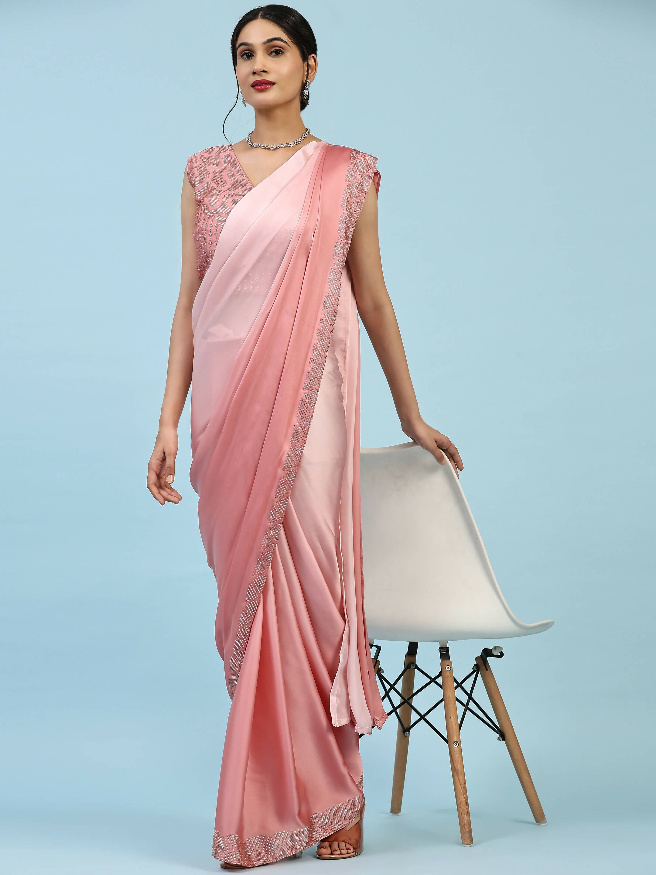Peach Ombre Satin Georgette Plain Ready to wear Saree with stitched Blouse - Vrinda