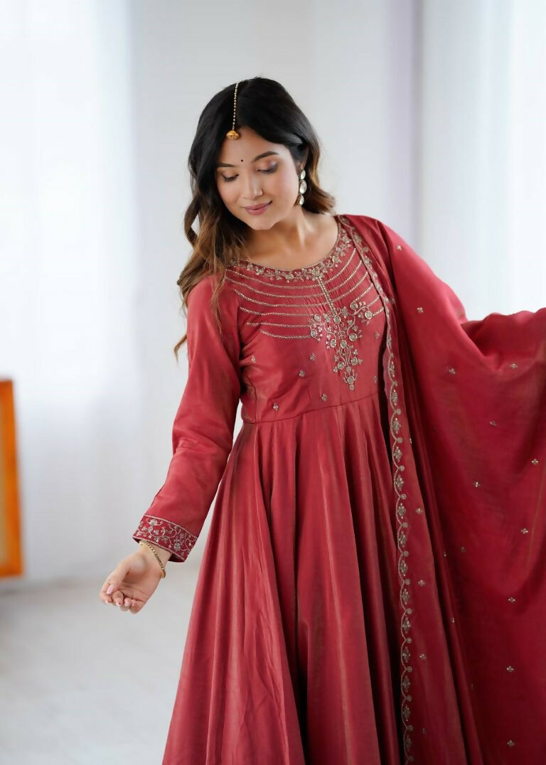 Teeya Creation Brown Color Pure Roman Silk Party Wear Designer Gown