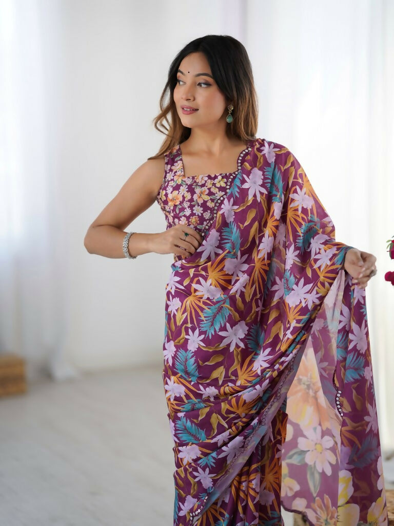 Wine Chinon Designer Digital Printed,Mirror Cut Work Saree - Elayna