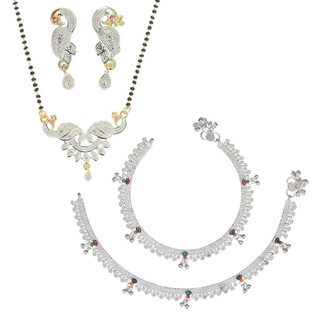 AanyaCentric Gold-Polished Mangalsutra Pendant Earring Set & Silver Plated Anklet