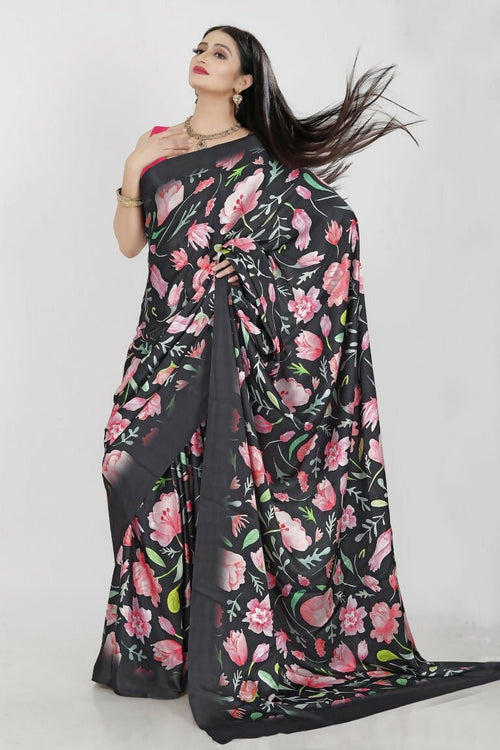 Aayaa Designer Printed Satin Saree - Multi Color