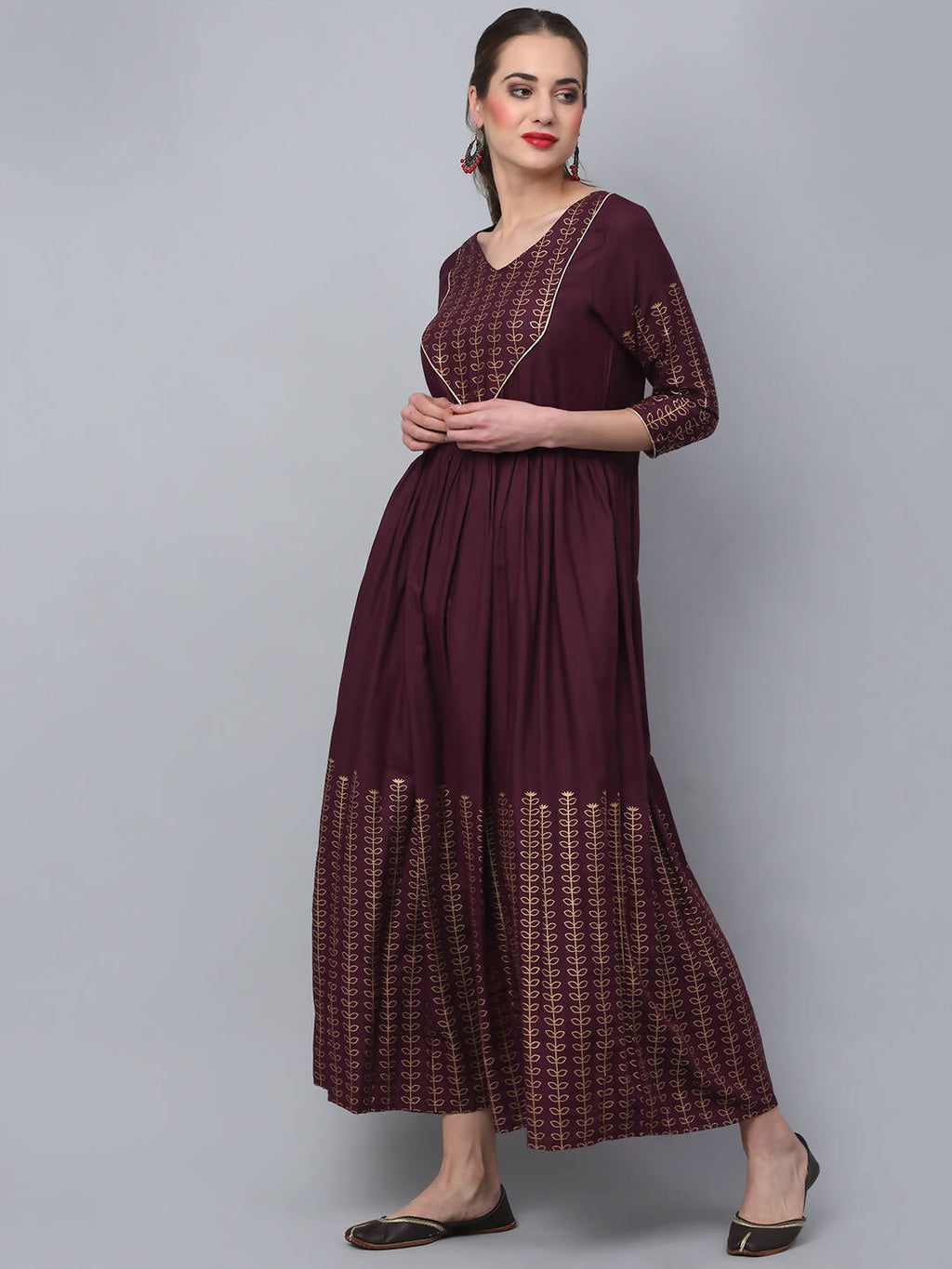 Rudra Bazaar Gold Printed A-Line Flared Brown Kurti