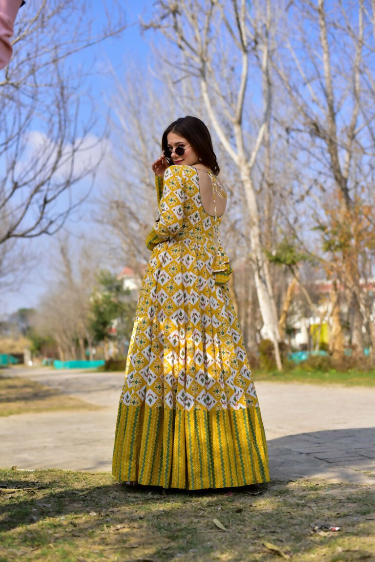 Jyoti Fashion Women's Mustard Heavy Digital Printed Cotton Silk Anarkali Dress