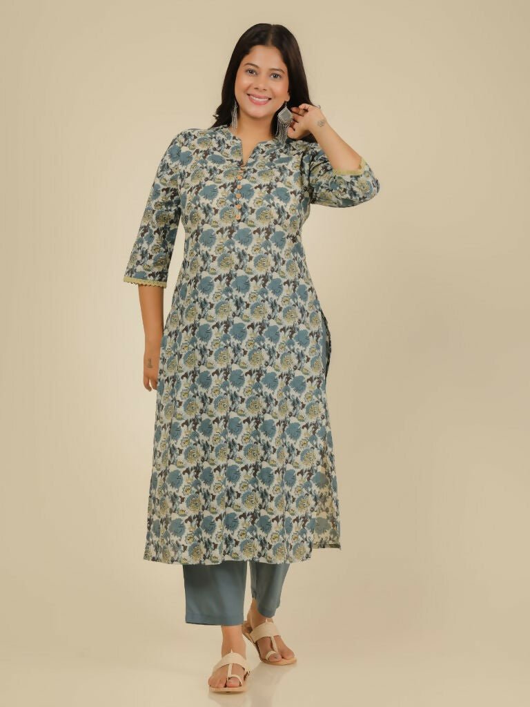 Aramya Straight Soft Cotton Floral Print Women's Kurta - Grey