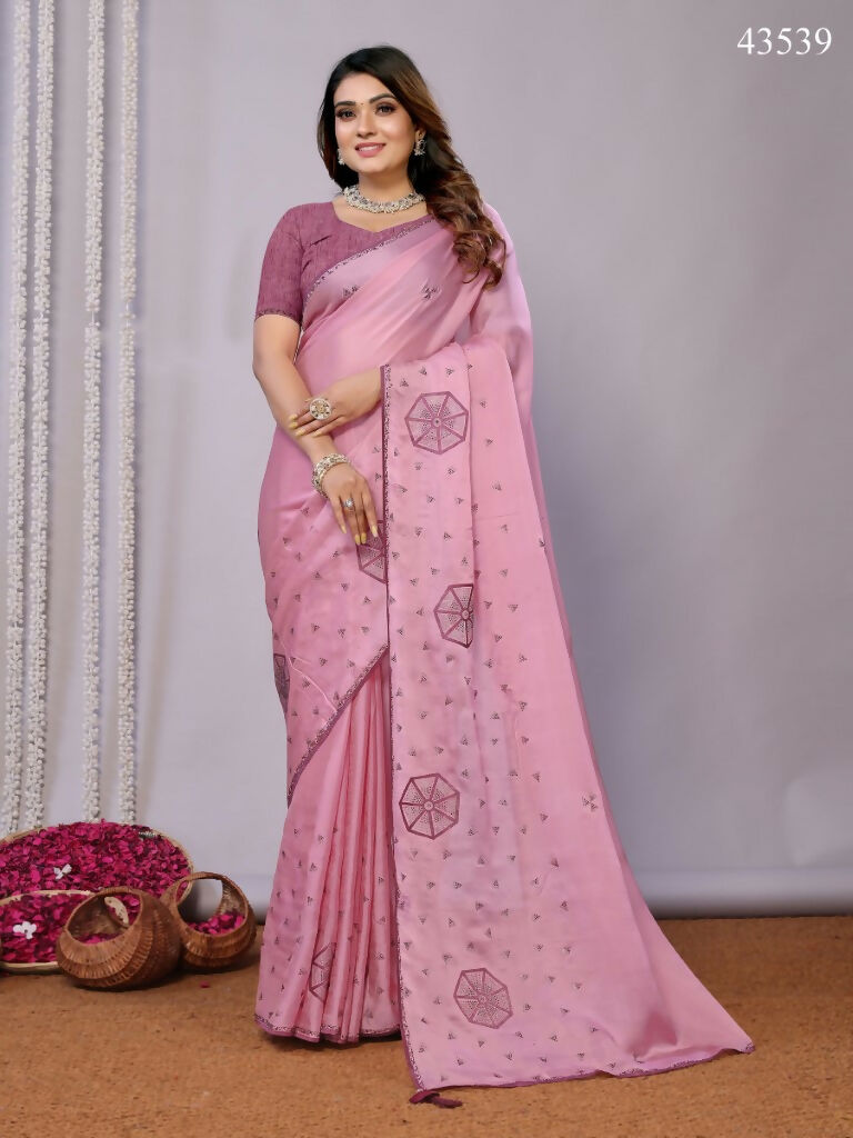 Pink Zari Organza Stone Work All Over Saree - Norita Saumya