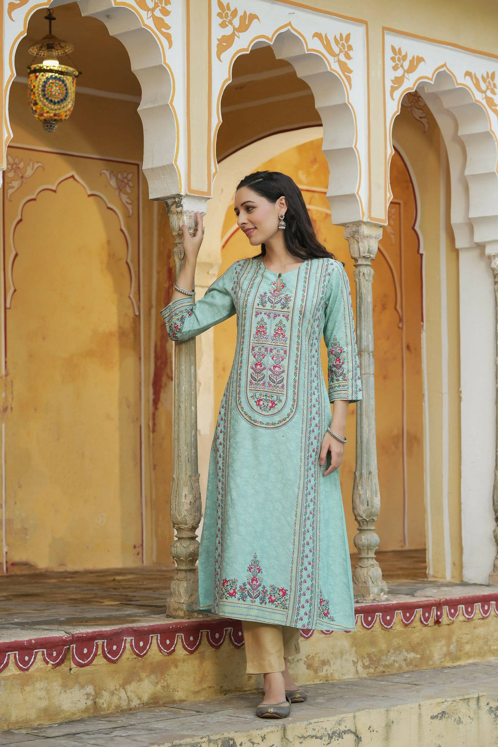 Juniper Women's Sky Blue Rayon Staple Printed A-Line Kurta