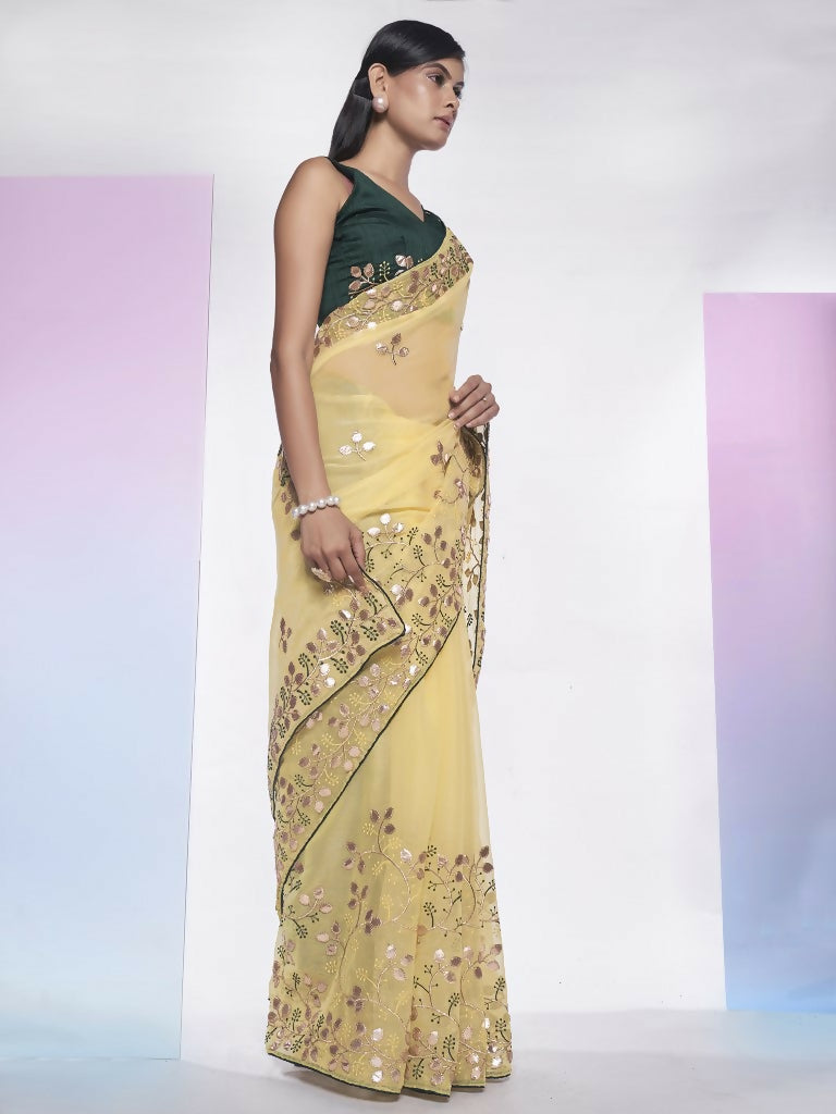 Cream Simmar Heavy Gotta Embroidery Work Saree with Unstitched Blouse - Vandini