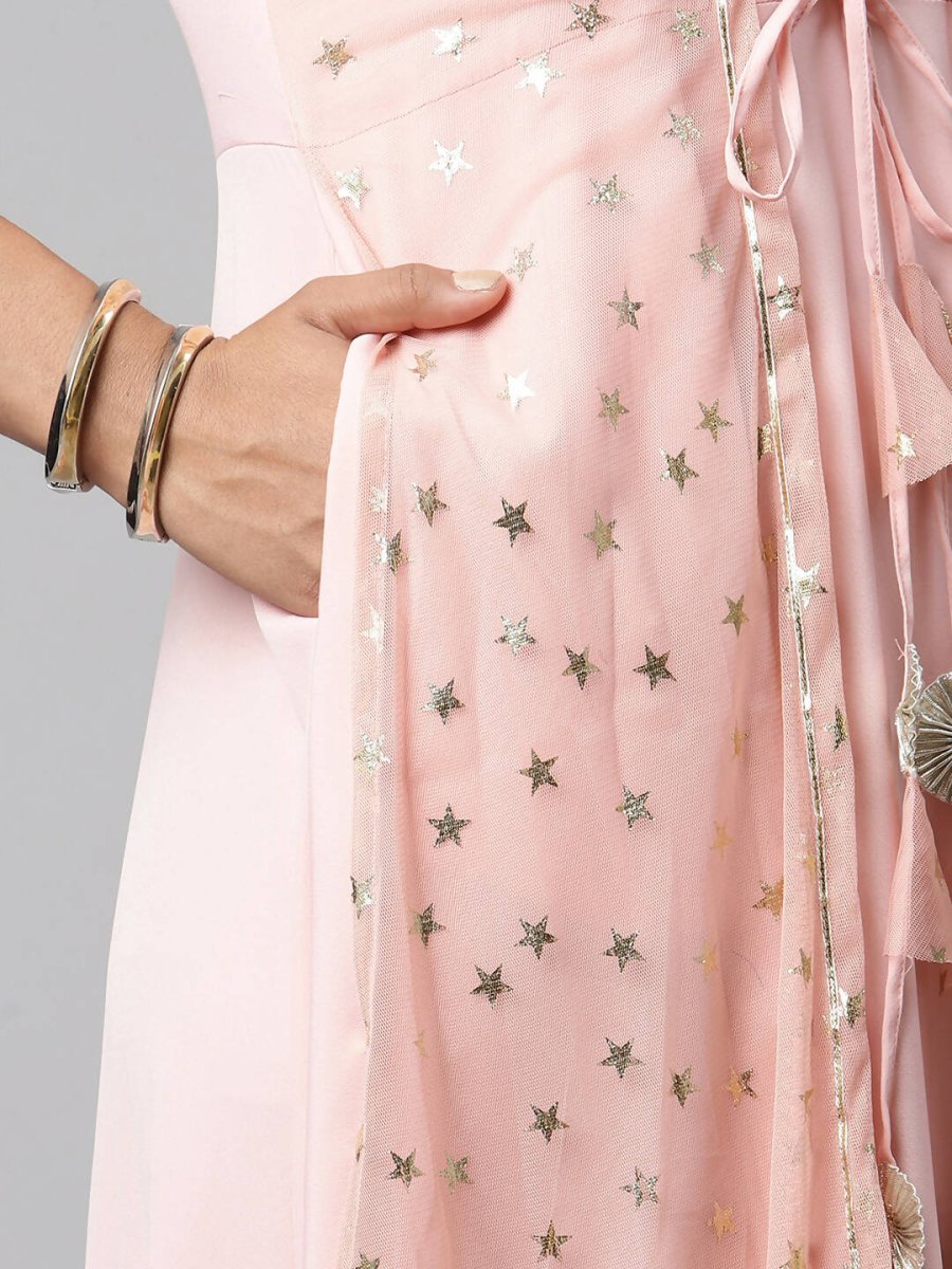 Ahalyaa Women Pink Crepe & Net Foil Print Dress