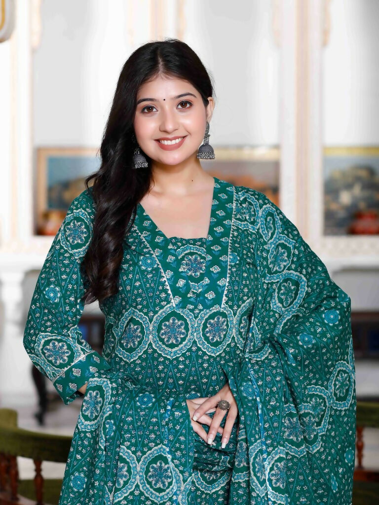Miravan Women's Cotton Green Floral Printed Straight Pakistani Style Suit Set
