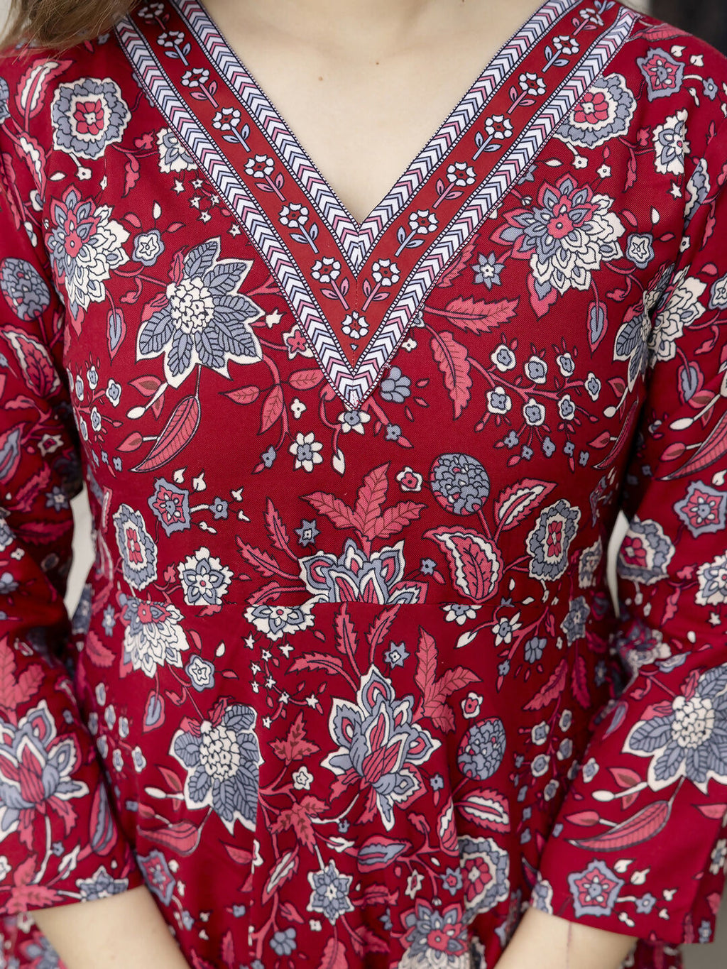 The52 Maroon Women's Gorgeous Rayon Fabric Printed Work Flared Kurta, Pant and Dupatta Set