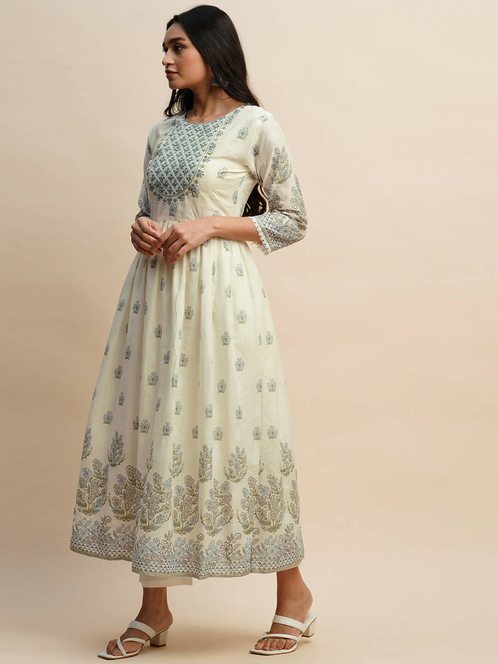 White And Blue Pure Cotton Floral Printed Anarkali Kurta And Bottom With Dupatta - Akashara