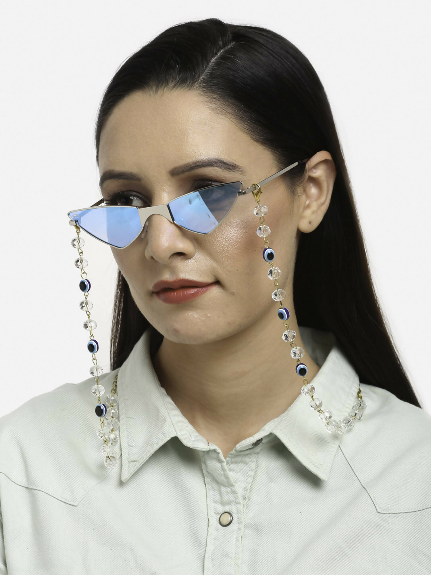 Unisex Gold-Toned Blue Evil Eye Beaded Mask Chain - Ruby Raang