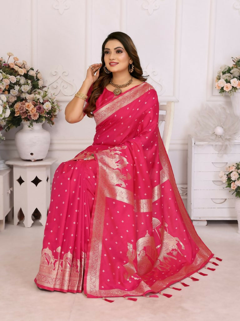 Anaita Rani Pink kochi Silk With Bandhej Weaving Saree With Blouse