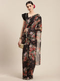 Ahalyaa Women's Black Chiffon Digital Print Floral Saree