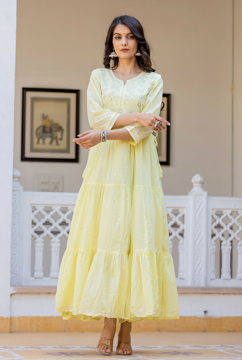 Kaajh Women's Yellow Embroidered Ethnic Dress