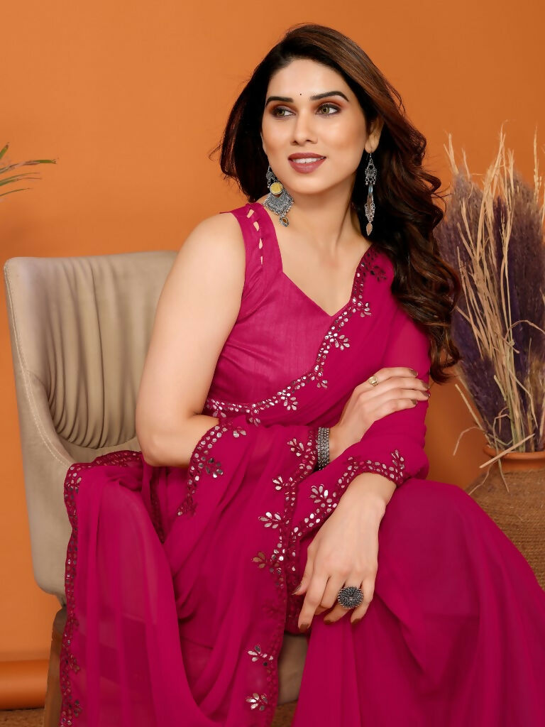 Partywear Designer Pink Georgette Fancy Saree - Starwalk