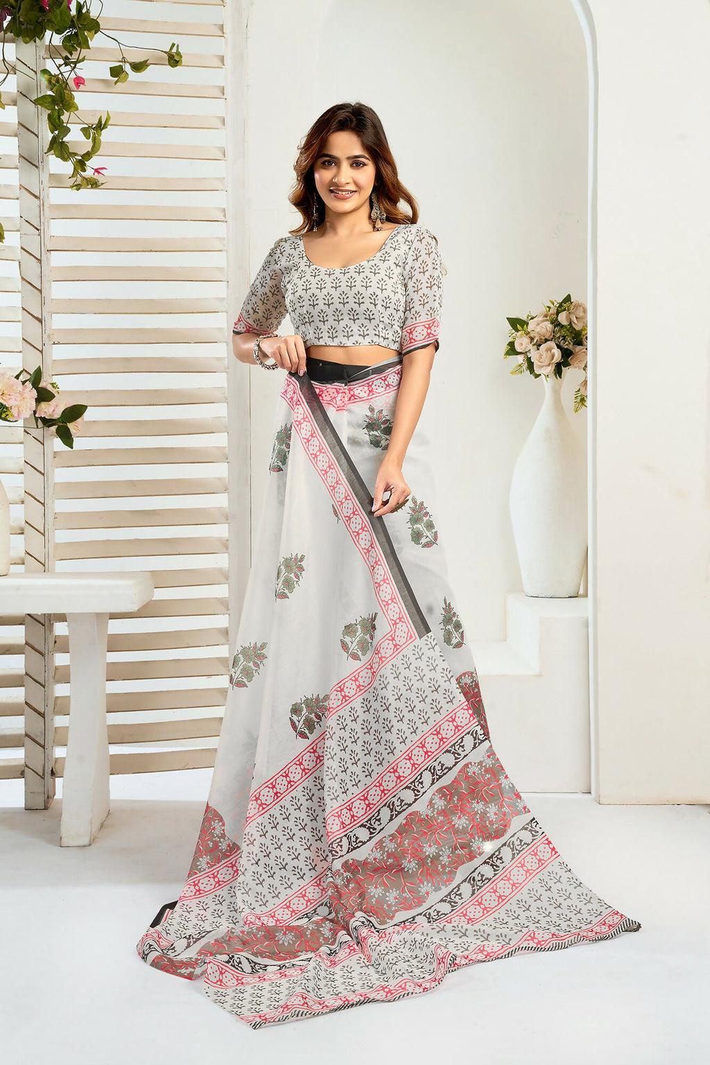 Vastranavya Green Digital Printed Linen Ready To Wear Designer Saree with Unstitched Blouse