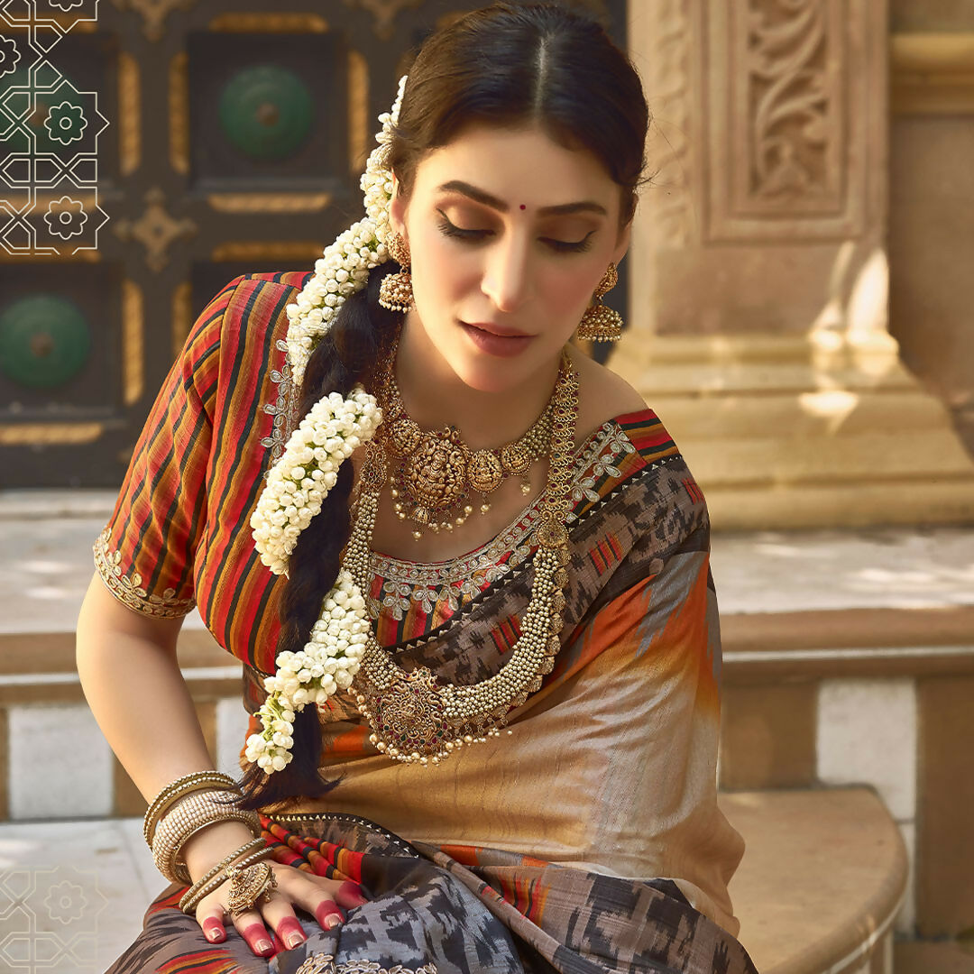 Beige Bhagalpuri Silk Pure Gota Work Saree With Unstitched Blouse - Norita Gajri