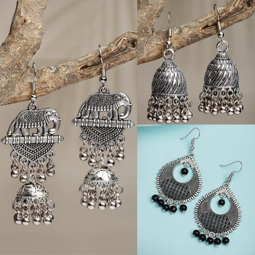 NVR Women's Set of 3 Silver-Toned German Silver Oxidised Dome Shaped Jhumka Earrings