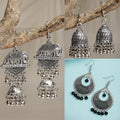 NVR Women's Set of 3 Silver-Toned German Silver Oxidised Dome Shaped Jhumka Earrings