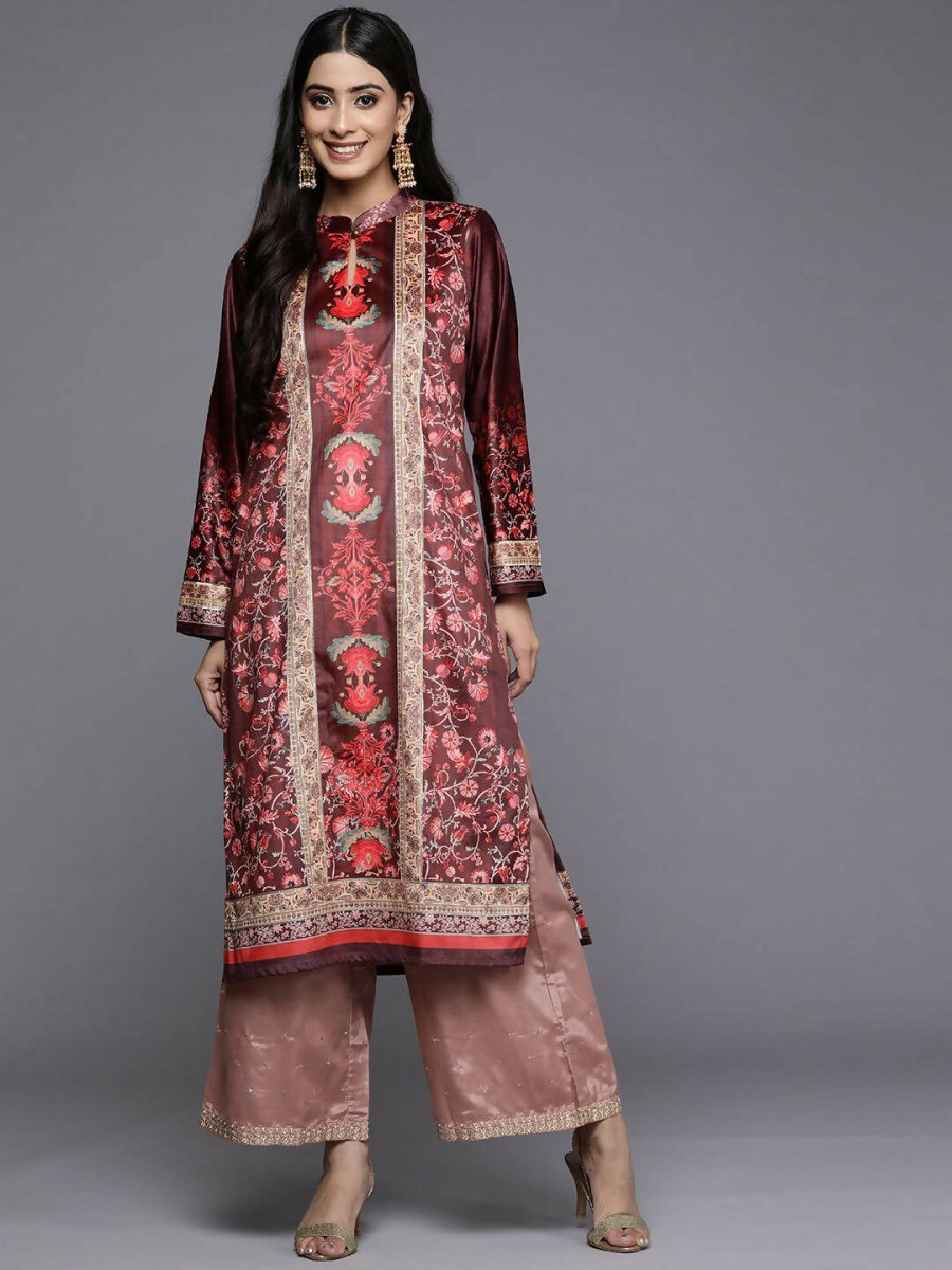 Ahalyaa Women Burgundy & Golden Floral Printed Gotta Patti Floral Velvet Kurta