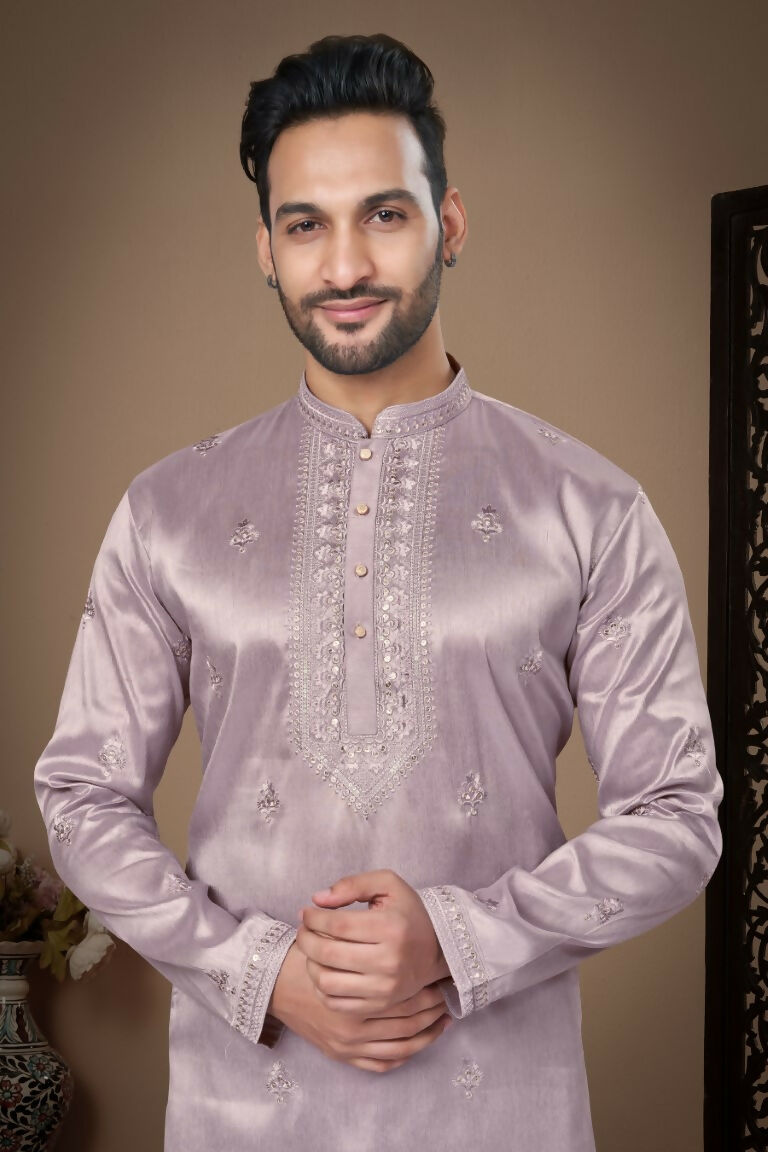 Functional Designer Men's Light Purple Heavy Super Silk Kurta With Pant - Rudra
