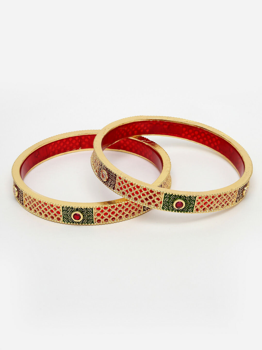 NVR Women's Set Of 2 Gold-Polished Red Kundan Traditional Bangles