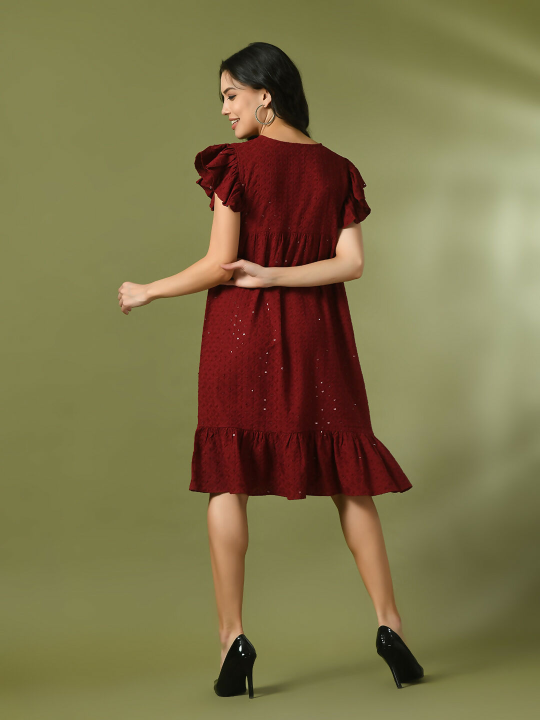 Myshka Women's Maroon Embroidered Cotton Round Neck A-Line Party Dress